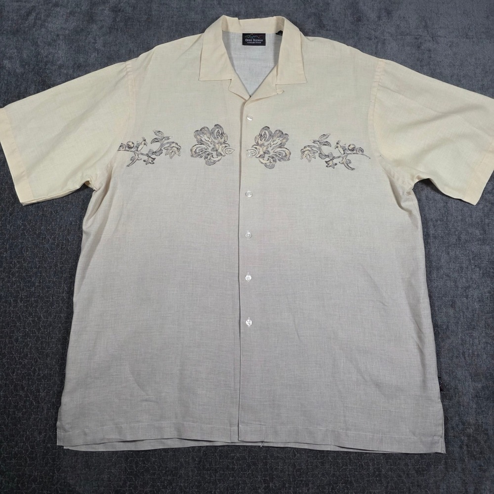 Vtg Greg Norman Collection Mens L Linen Rayon Floral Embroidered Camp Shirt Loop